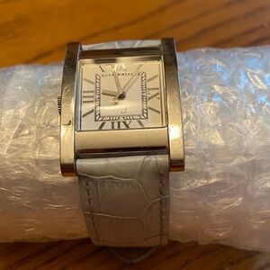 Silver Square Face Watch with Light Blue Leather Croc Strap